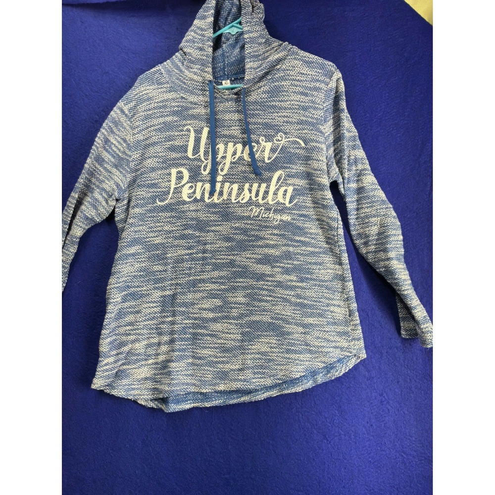 Gorpcore Womens Artisans Upper Peninsula Michigan Hoodie Large Blue White Marled
